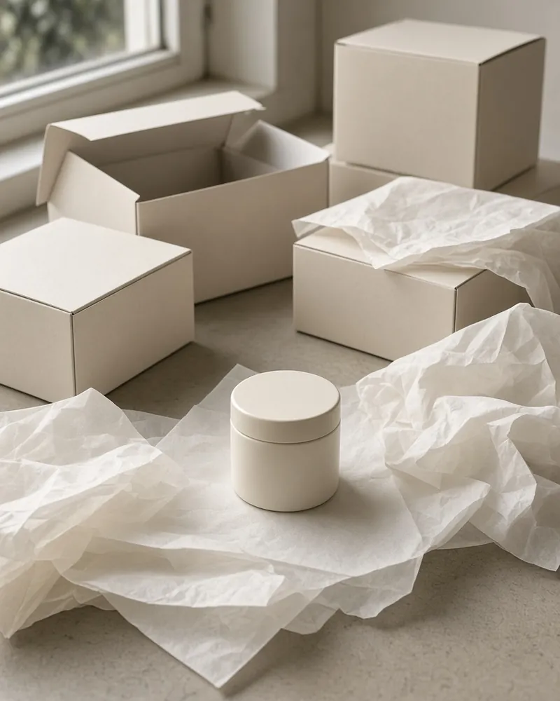 A packing table with plain boxes and tissue, no person in the frame.