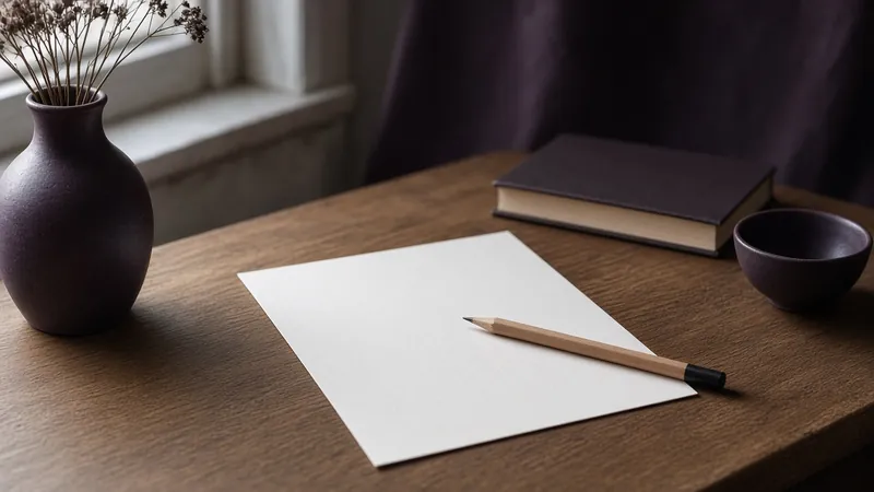 A quiet desk, blank paper, and a pencil, with a plum shadow from a north window.
