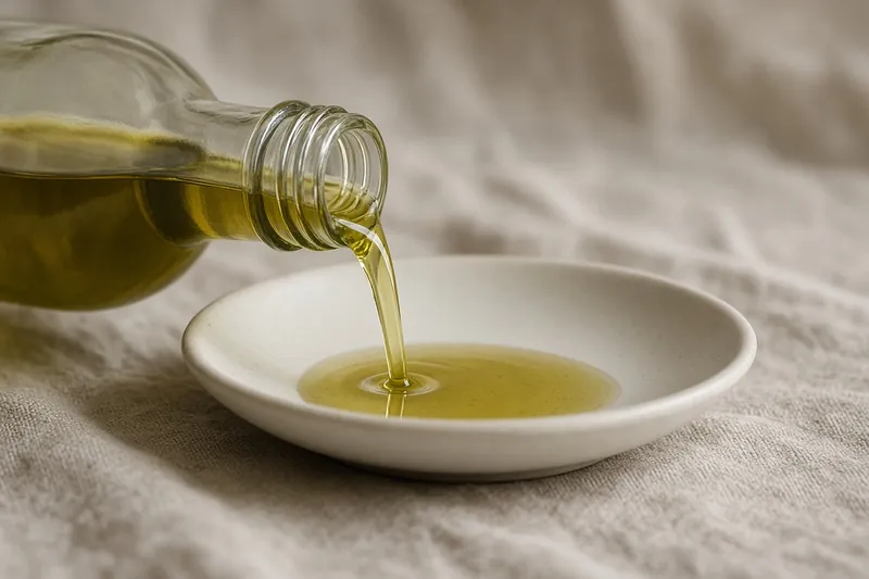 Oil poured in a ribbon into a plain dish, on a linen cloth.