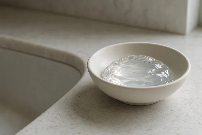 Gel in a plain dish at the edge of a stone sink, morning north light.