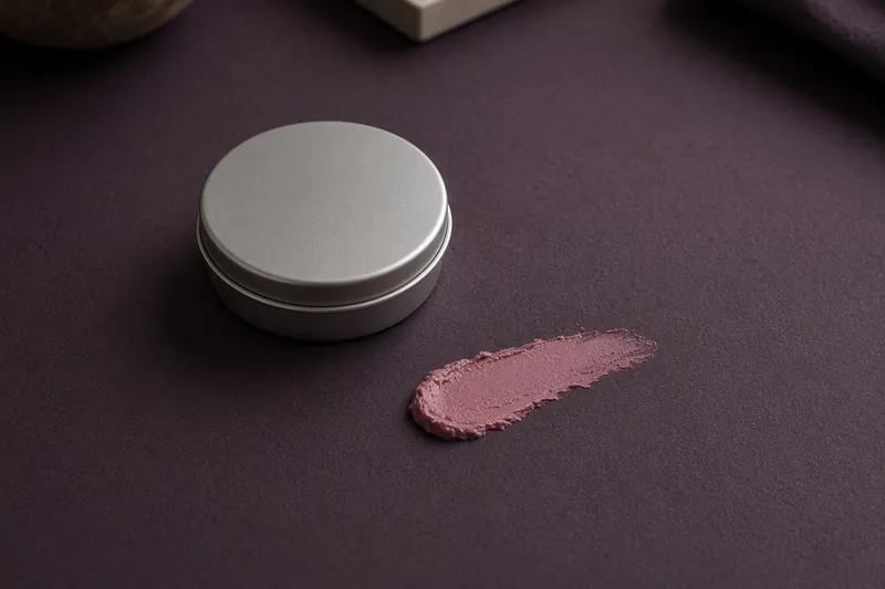 A balm and a short smear on plum paper, no skin and no face.