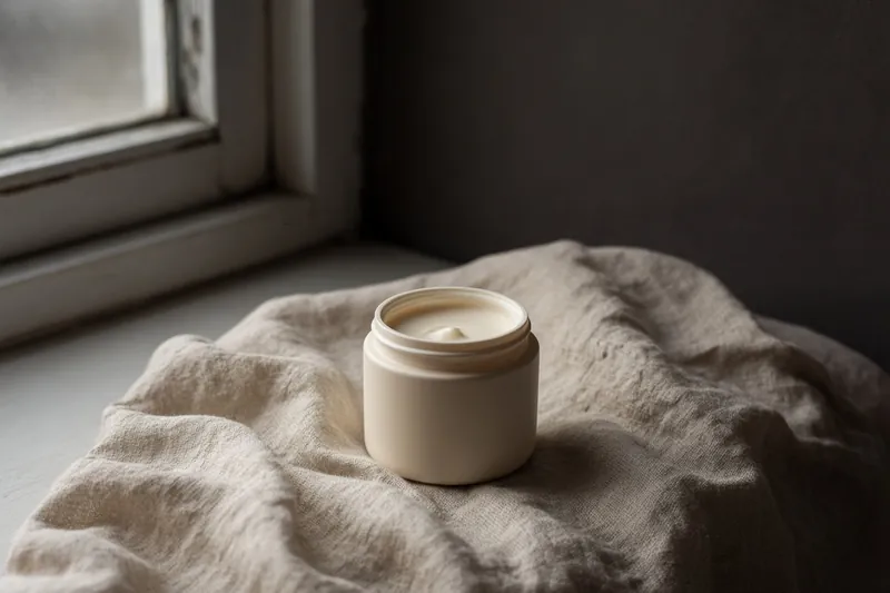 An open cream jar on a linen cloth, north window light.