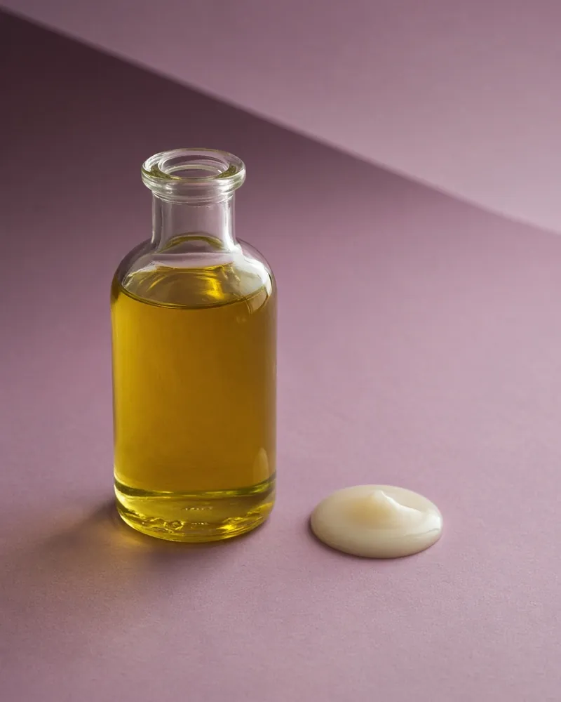 A plain bottle of oil beside a small pool of lotion.
