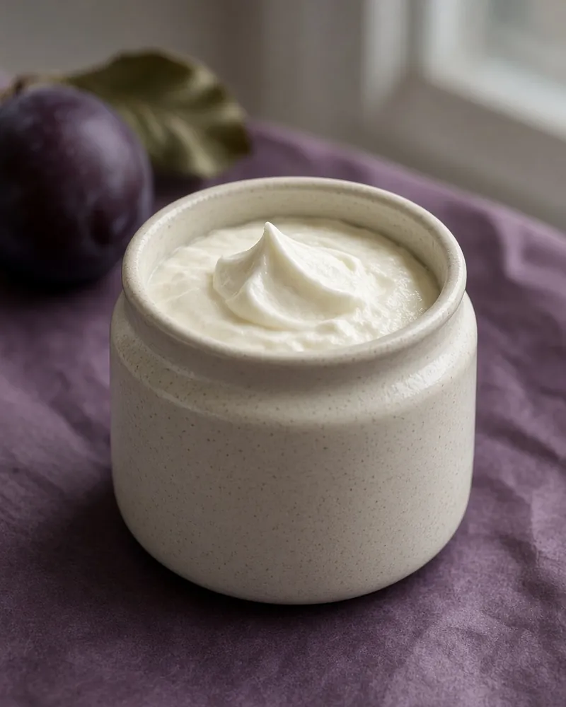 A thick cream with a soft peak in an unmarked jar.