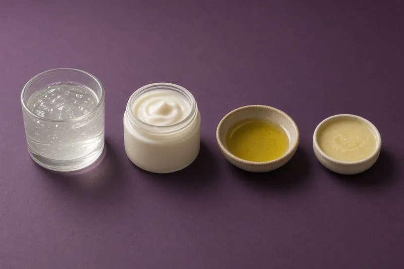 Gel, cream, oil, and balm in a row on plum paper, so the four textures can be compared.
