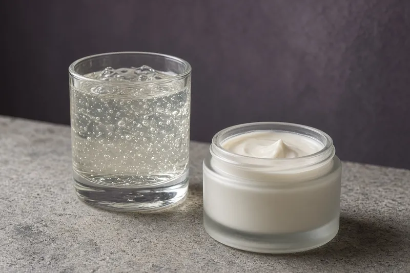 A clear gel in a plain glass beside an open cream jar, on plum-tinted paper in north light.